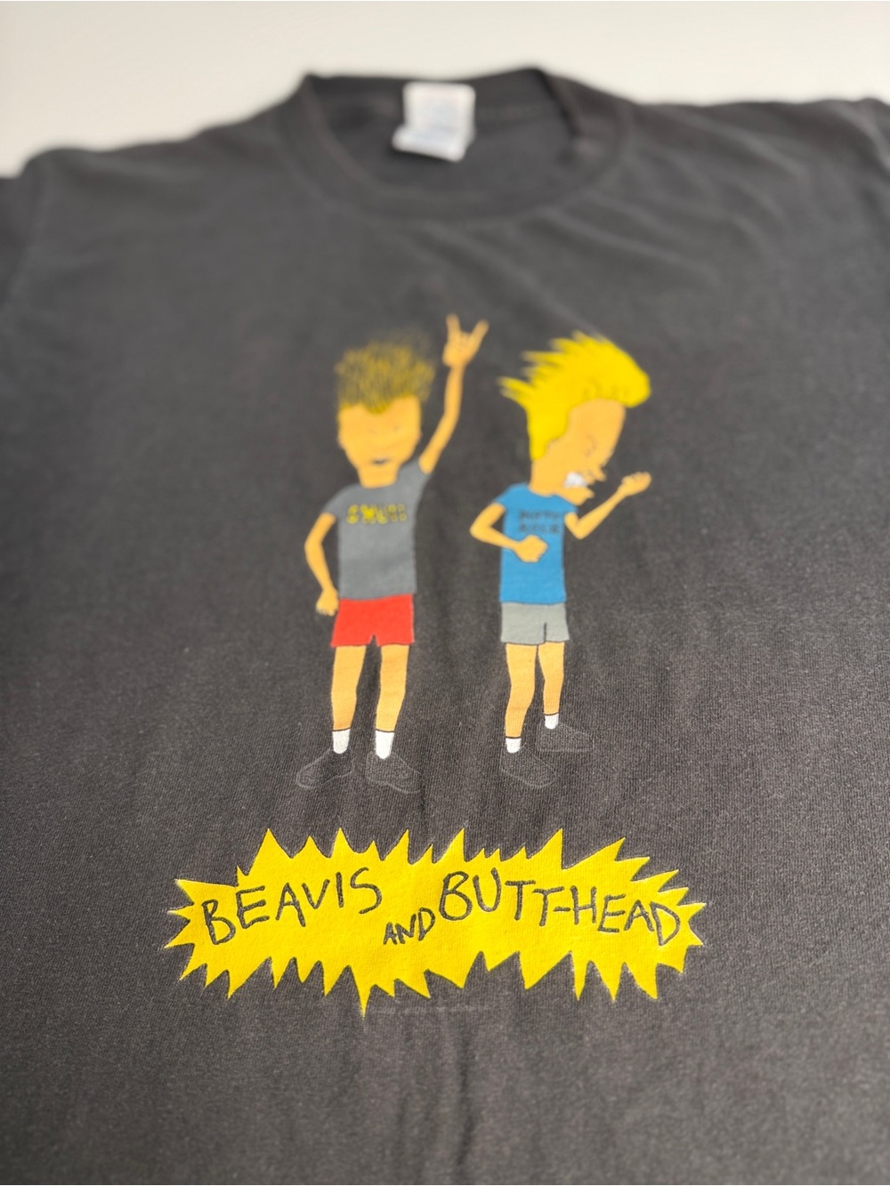 Vintage Black Mens Beavis & Butthead Tee with Yellow, Red & Blue Print - Picture 2 of 8